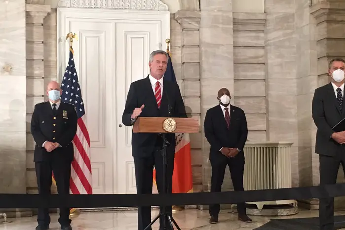 Mayor Bill de Blasio appears at a press conference at City Hall.